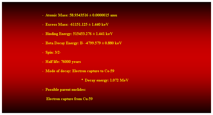 Cuadro de texto:  
-  Atomic Mass: 58.9343516  0.0000015 amu 
-  Excess Mass: -61151.125  1.440 keV 
-  Binding Energy: 515453.276  1.441 keV 
-  Beta Decay Energy: B- -4799.579  0.880 keV 
-  Spin: 3/2- 
-  Half life: 76000 years 
-  Mode of decay: Electron capture to Co-59 
  Decay energy: 1.072 MeV 
-  Possible parent nuclides: 
    Electron capture from Cu-59 
