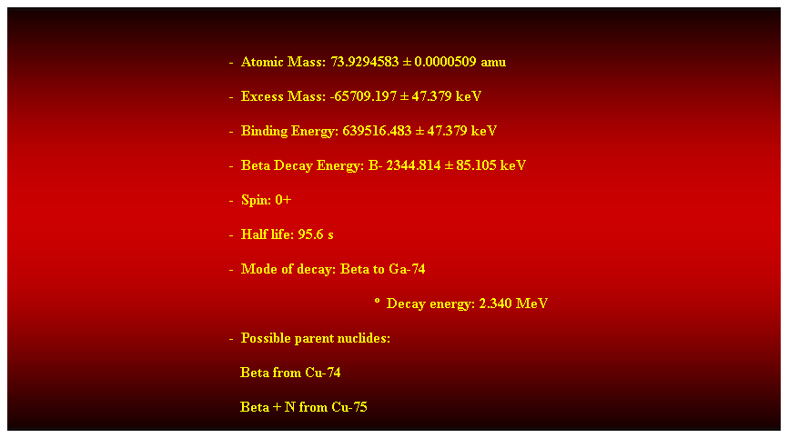 Cuadro de texto:  
-  Atomic Mass: 73.9294583  0.0000509 amu 
-  Excess Mass: -65709.197  47.379 keV 
-  Binding Energy: 639516.483  47.379 keV 
-  Beta Decay Energy: B- 2344.814  85.105 keV 
-  Spin: 0+ 
-  Half life: 95.6 s 
-  Mode of decay: Beta to Ga-74 
  Decay energy: 2.340 MeV 
-  Possible parent nuclides: 
                                                               Beta from Cu-74 
                                                               Beta + N from Cu-75 
 
