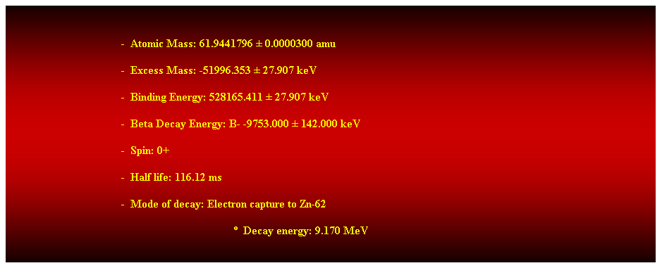 Cuadro de texto:  
-  Atomic Mass: 61.9441796  0.0000300 amu 
-  Excess Mass: -51996.353  27.907 keV 
-  Binding Energy: 528165.411  27.907 keV 
-  Beta Decay Energy: B- -9753.000  142.000 keV 
-  Spin: 0+ 
-  Half life: 116.12 ms 
-  Mode of decay: Electron capture to Zn-62 
  Decay energy: 9.170 MeV 
