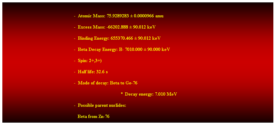 Cuadro de texto:  
-  Atomic Mass: 75.9289283  0.0000966 amu 
-  Excess Mass: -66202.888  90.012 keV 
-  Binding Energy: 655370.466  90.012 keV 
-  Beta Decay Energy: B- 7010.000  90.000 keV 
-  Spin: 2+,3+) 
-  Half life: 32.6 s 
-  Mode of decay: Beta to Ge-76 
  Decay energy: 7.010 MeV 
-  Possible parent nuclides: 
   Beta from Zn-76 
 
