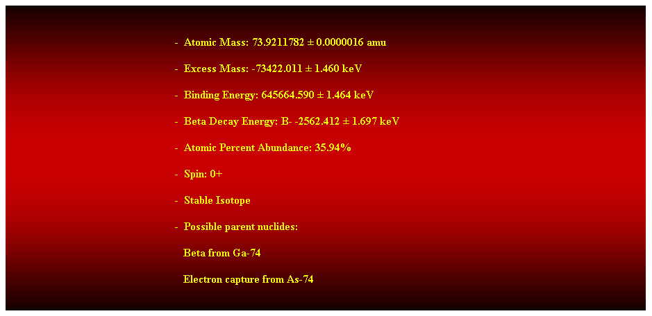 Cuadro de texto:  
-  Atomic Mass: 73.9211782  0.0000016 amu 
-  Excess Mass: -73422.011  1.460 keV 
-  Binding Energy: 645664.590  1.464 keV 
-  Beta Decay Energy: B- -2562.412  1.697 keV 
-  Atomic Percent Abundance: 35.94% 
-  Spin: 0+ 
-  Stable Isotope 
-  Possible parent nuclides: 
                                                               Beta from Ga-74 
                                                               Electron capture from As-74 
