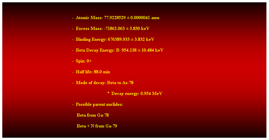 Cuadro de texto:  
-  Atomic Mass: 77.9228529  0.0000041 amu 
-  Excess Mass: -71862.063  3.830 keV 
-  Binding Energy: 676389.933  3.832 keV 
-  Beta Decay Energy: B- 954.138  10.484 keV 
-  Spin: 0+ 
-  Half life: 88.0 min 
-  Mode of decay: Beta to As-78 
                                 Decay energy: 0.954 MeV 
-  Possible parent nuclides: 
                                                                Beta from Ga-78 
                                                                Beta + N from Ga-79 
