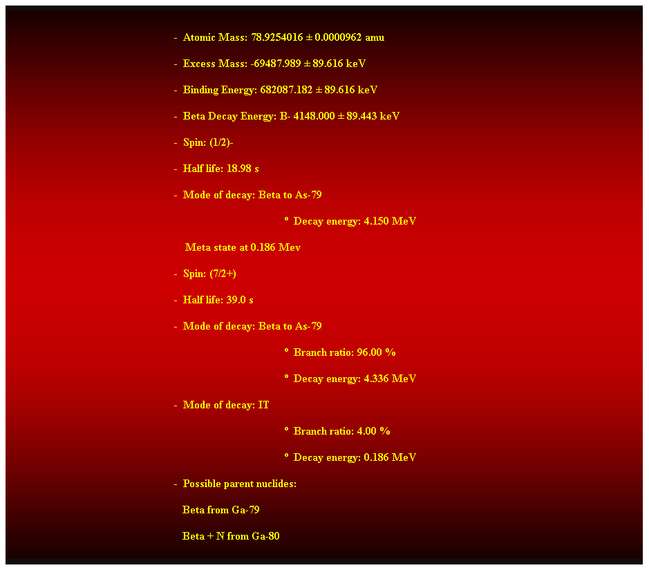 Cuadro de texto:  
-  Atomic Mass: 78.9254016  0.0000962 amu 
-  Excess Mass: -69487.989  89.616 keV 
-  Binding Energy: 682087.182  89.616 keV 
-  Beta Decay Energy: B- 4148.000  89.443 keV 
-  Spin: (1/2)- 
-  Half life: 18.98 s 
-  Mode of decay: Beta to As-79 
  Decay energy: 4.150 MeV 
    Meta state at 0.186 Mev 
-  Spin: (7/2+) 
-  Half life: 39.0 s 
-  Mode of decay: Beta to As-79 
  Branch ratio: 96.00 % 
  Decay energy: 4.336 MeV 
-  Mode of decay: IT 
  Branch ratio: 4.00 % 
  Decay energy: 0.186 MeV 
-  Possible parent nuclides:
                                                               Beta from Ga-79 
                                                               Beta + N from Ga-80 
