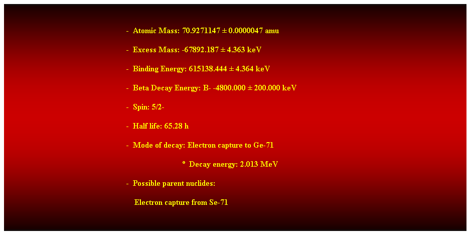 Cuadro de texto:  
-  Atomic Mass: 70.9271147  0.0000047 amu 
-  Excess Mass: -67892.187  4.363 keV 
-  Binding Energy: 615138.444  4.364 keV 
-  Beta Decay Energy: B- -4800.000  200.000 keV 
-  Spin: 5/2- 
-  Half life: 65.28 h 
-  Mode of decay: Electron capture to Ge-71 
                                                                                          Decay energy: 2.013 MeV 
-  Possible parent nuclides: 
    Electron capture from Se-71 
 
