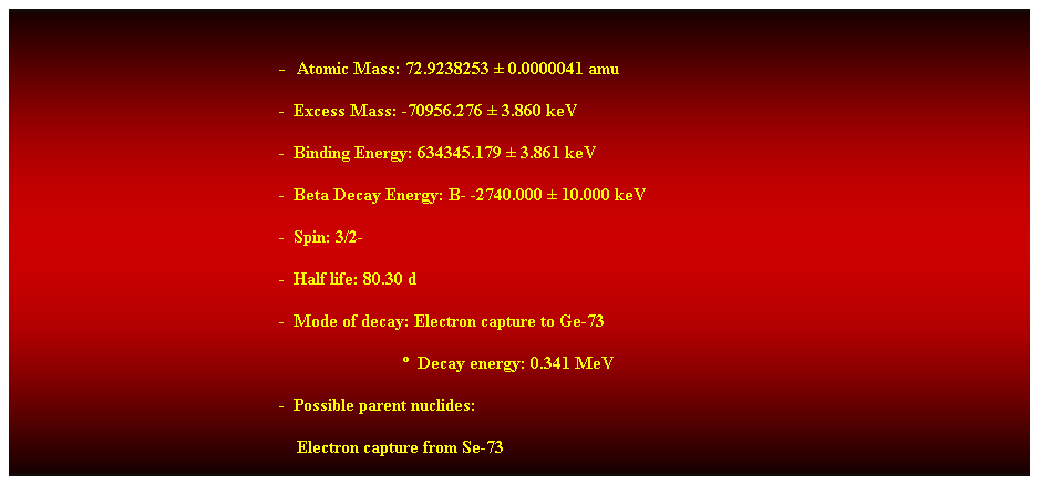 Cuadro de texto:  
-  Atomic Mass: 72.9238253  0.0000041 amu 
-  Excess Mass: -70956.276  3.860 keV 
-  Binding Energy: 634345.179  3.861 keV 
-  Beta Decay Energy: B- -2740.000  10.000 keV 
-  Spin: 3/2- 
-  Half life: 80.30 d 
-  Mode of decay: Electron capture to Ge-73 
                              Decay energy: 0.341 MeV 
-  Possible parent nuclides:
                                                                Electron capture from Se-73 
 
