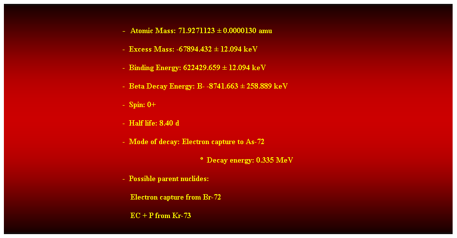 Cuadro de texto:  
-  Atomic Mass: 71.9271123  0.0000130 amu 
-  Excess Mass: -67894.432  12.094 keV 
-  Binding Energy: 622429.659  12.094 keV 
-  Beta Decay Energy: B- -8741.663  258.889 keV 
-  Spin: 0+ 
-  Half life: 8.40 d 
-  Mode of decay: Electron capture to As-72 
  Decay energy: 0.335 MeV 
-  Possible parent nuclides: 
    Electron capture from Br-72 
    EC + P from Kr-73 
