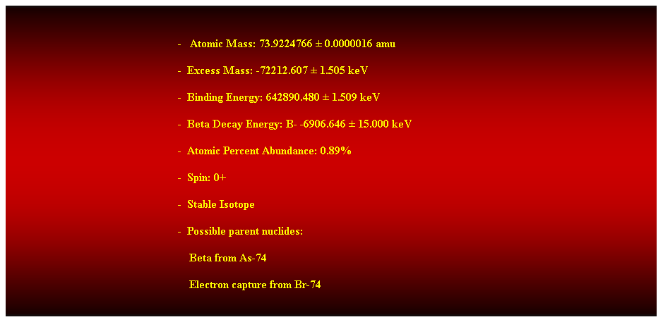 Cuadro de texto:  
-   Atomic Mass: 73.9224766  0.0000016 amu 
-  Excess Mass: -72212.607  1.505 keV 
-  Binding Energy: 642890.480  1.509 keV 
-  Beta Decay Energy: B- -6906.646  15.000 keV 
-  Atomic Percent Abundance: 0.89% 
-  Spin: 0+ 
-  Stable Isotope 
-  Possible parent nuclides: 
    Beta from As-74 
    Electron capture from Br-74 
 
