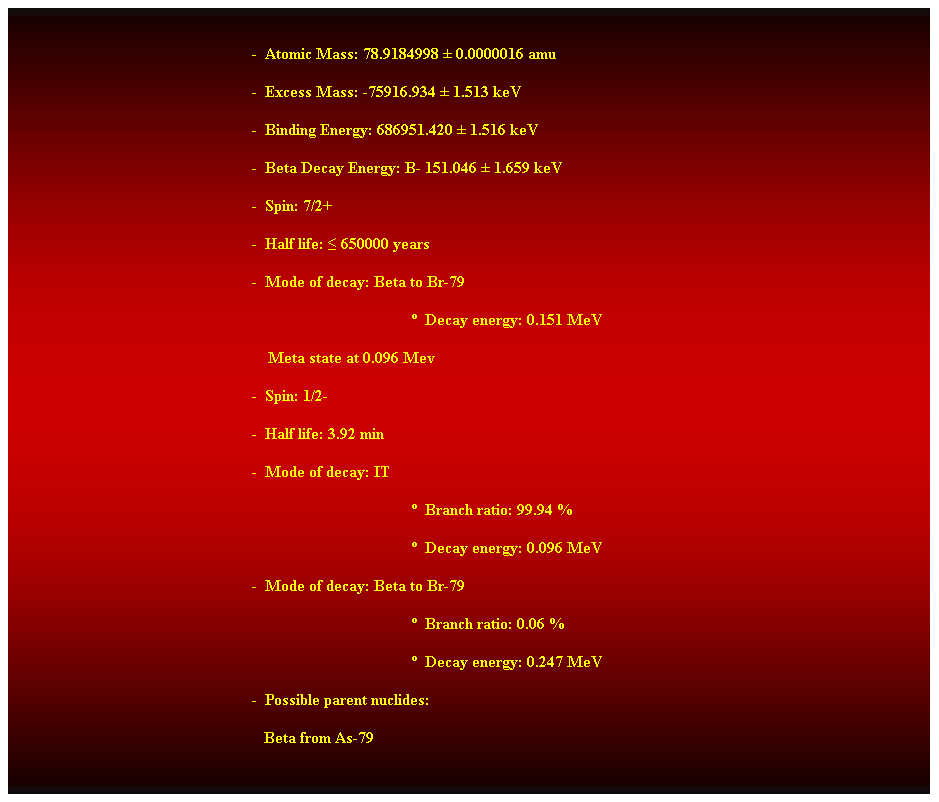 Cuadro de texto:  
-  Atomic Mass: 78.9184998  0.0000016 amu 
-  Excess Mass: -75916.934  1.513 keV 
-  Binding Energy: 686951.420  1.516 keV 
-  Beta Decay Energy: B- 151.046  1.659 keV 
-  Spin: 7/2+ 
-  Half life: ≤ 650000 years 
-  Mode of decay: Beta to Br-79 
  Decay energy: 0.151 MeV 
    Meta state at 0.096 Mev 
-  Spin: 1/2- 
-  Half life: 3.92 min 
-  Mode of decay: IT 
  Branch ratio: 99.94 % 
  Decay energy: 0.096 MeV 
-  Mode of decay: Beta to Br-79 
  Branch ratio: 0.06 % 
  Decay energy: 0.247 MeV 
-  Possible parent nuclides: 
   Beta from As-79 
