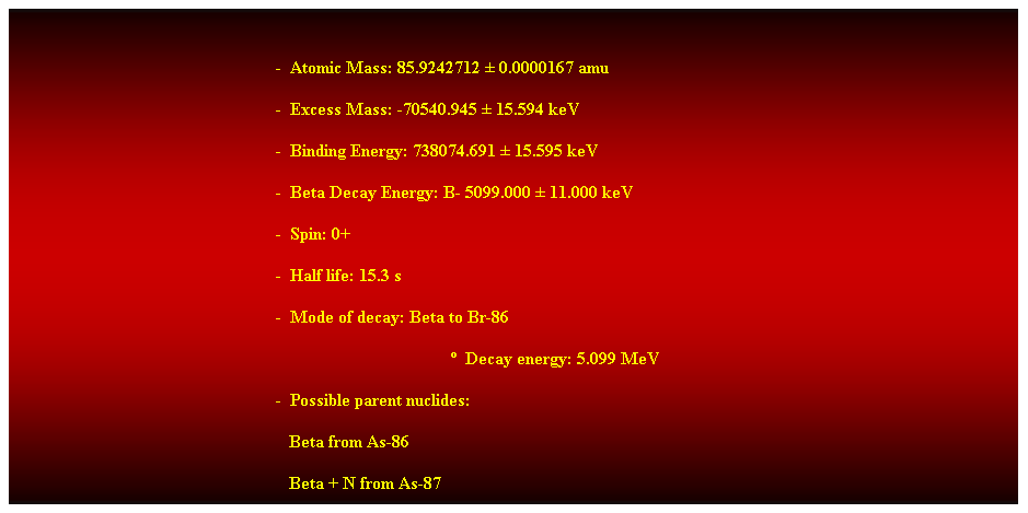 Cuadro de texto:  
-  Atomic Mass: 85.9242712  0.0000167 amu 
-  Excess Mass: -70540.945  15.594 keV 
-  Binding Energy: 738074.691  15.595 keV 
-  Beta Decay Energy: B- 5099.000  11.000 keV 
-  Spin: 0+ 
-  Half life: 15.3 s 
-  Mode of decay: Beta to Br-86 
  Decay energy: 5.099 MeV 
-  Possible parent nuclides: 
                                                               Beta from As-86 
                                                               Beta + N from As-87 
 
