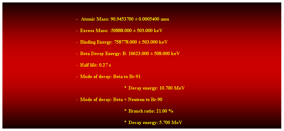 Cuadro de texto:  
-  Atomic Mass: 90.9453700  0.0005400 amu 
-  Excess Mass: -50888.000  503.000 keV 
-  Binding Energy: 758778.000  503.000 keV 
-  Beta Decay Energy: B- 10623.000  508.000 keV 
-  Half life: 0.27 s 
-  Mode of decay: Beta to Br-91 
  Decay energy: 10.700 MeV 
-  Mode of decay: Beta + Neutron to Br-90 
  Branch ratio: 21.00 % 
  Decay energy: 5.700 MeV 
