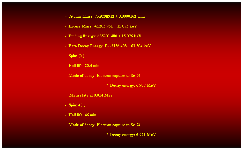 Cuadro de texto:  
-  Atomic Mass: 73.9298912  0.0000162 amu 
-  Excess Mass: -65305.961  15.075 keV 
-  Binding Energy: 635201.480  15.076 keV 
-  Beta Decay Energy: B- -3136.408  61.304 keV 
-  Spin: (0-) 
-  Half life: 25.4 min 
-  Mode of decay: Electron capture to Se-74 
  Decay energy: 6.907 MeV 
    Meta state at 0.014 Mev 
-  Spin: 4(+) 
-  Half life: 46 min 
-  Mode of decay: Electron capture to Se-74 
  Decay energy: 6.921 MeV 
 
