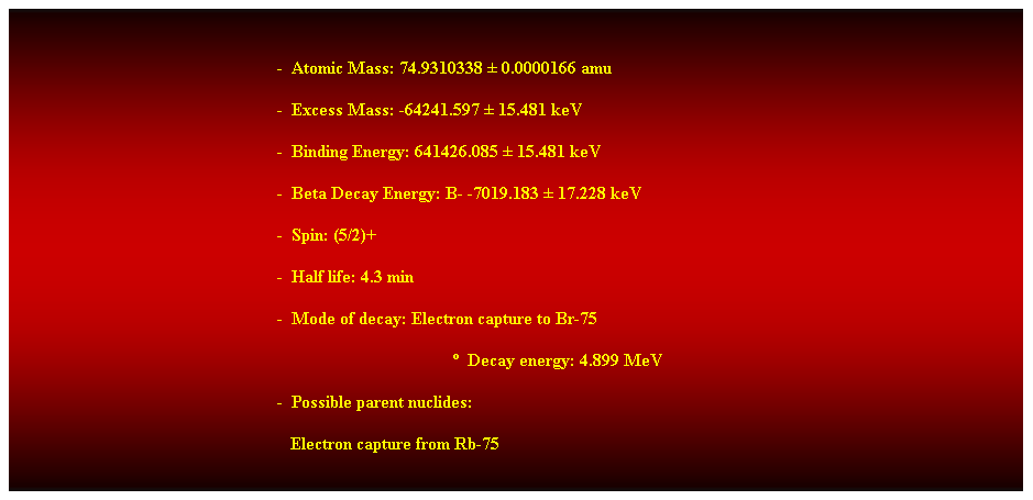 Cuadro de texto:  
-  Atomic Mass: 74.9310338  0.0000166 amu 
-  Excess Mass: -64241.597  15.481 keV 
-  Binding Energy: 641426.085  15.481 keV 
-  Beta Decay Energy: B- -7019.183  17.228 keV 
-  Spin: (5/2)+ 
-  Half life: 4.3 min 
-  Mode of decay: Electron capture to Br-75 
  Decay energy: 4.899 MeV 
                                                            -  Possible parent nuclides: 
   Electron capture from Rb-75 
