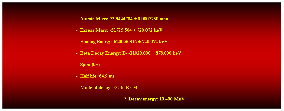 Cuadro de texto:  
-  Atomic Mass: 73.9444704  0.0007730 amu 
-  Excess Mass: -51725.504  720.072 keV 
-  Binding Energy: 620056.316  720.072 keV 
-  Beta Decay Energy: B- -11029.000  878.000 keV 
-  Spin: (0+) 
-  Half life: 64.9 ms 
-  Mode of decay: EC to Kr-74 
  Decay energy: 10.400 MeV 
