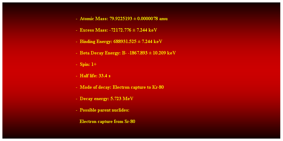 Cuadro de texto:  
-  Atomic Mass: 79.9225193  0.0000078 amu 
-  Excess Mass: -72172.776  7.244 keV 
-  Binding Energy: 688931.525  7.244 keV 
-  Beta Decay Energy: B- -1867.893  10.209 keV 
-  Spin: 1+ 
-  Half life: 33.4 s 
-  Mode of decay: Electron capture to Kr-80 
-  Decay energy: 5.723 MeV 
-  Possible parent nuclides: 
                                                               Electron capture from Sr-80 
 
