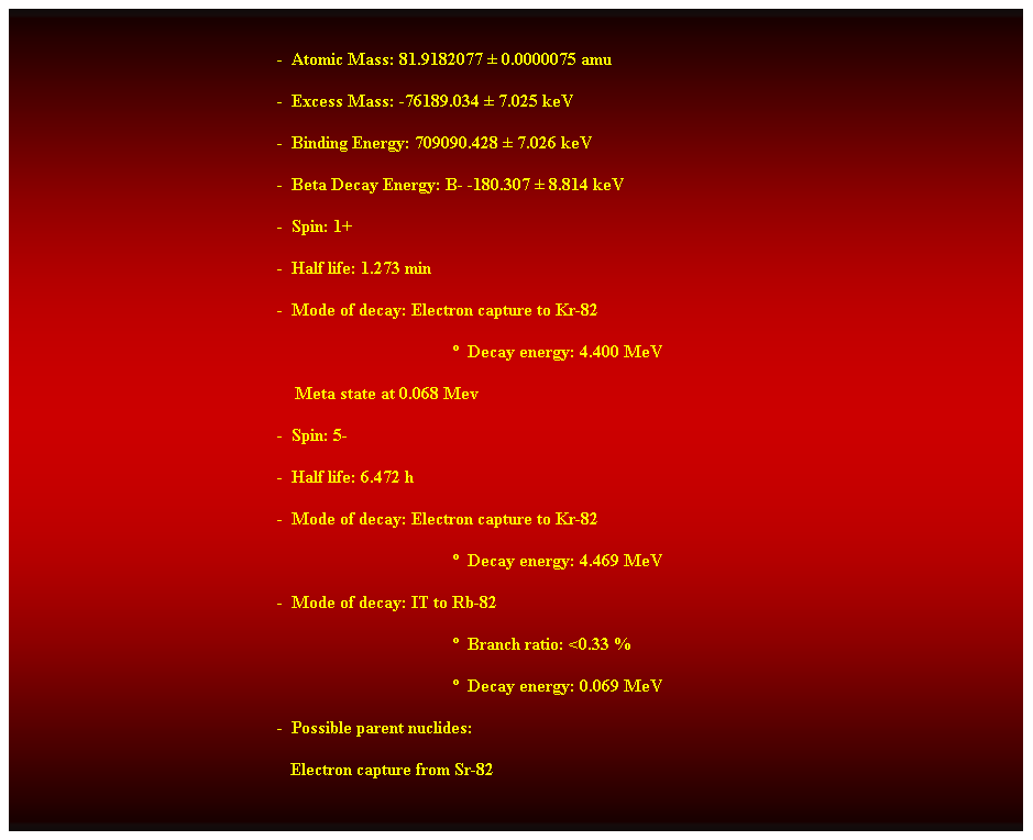 Cuadro de texto:  
-  Atomic Mass: 81.9182077  0.0000075 amu 
-  Excess Mass: -76189.034  7.025 keV 
-  Binding Energy: 709090.428  7.026 keV 
-  Beta Decay Energy: B- -180.307  8.814 keV 
-  Spin: 1+ 
-  Half life: 1.273 min 
-  Mode of decay: Electron capture to Kr-82 
  Decay energy: 4.400 MeV 
    Meta state at 0.068 Mev 
-  Spin: 5- 
-  Half life: 6.472 h 
-  Mode of decay: Electron capture to Kr-82 
  Decay energy: 4.469 MeV 
-  Mode of decay: IT to Rb-82 
  Branch ratio: <0.33 % 
  Decay energy: 0.069 MeV 
-  Possible parent nuclides: 
                                                               Electron capture from Sr-82 
 
