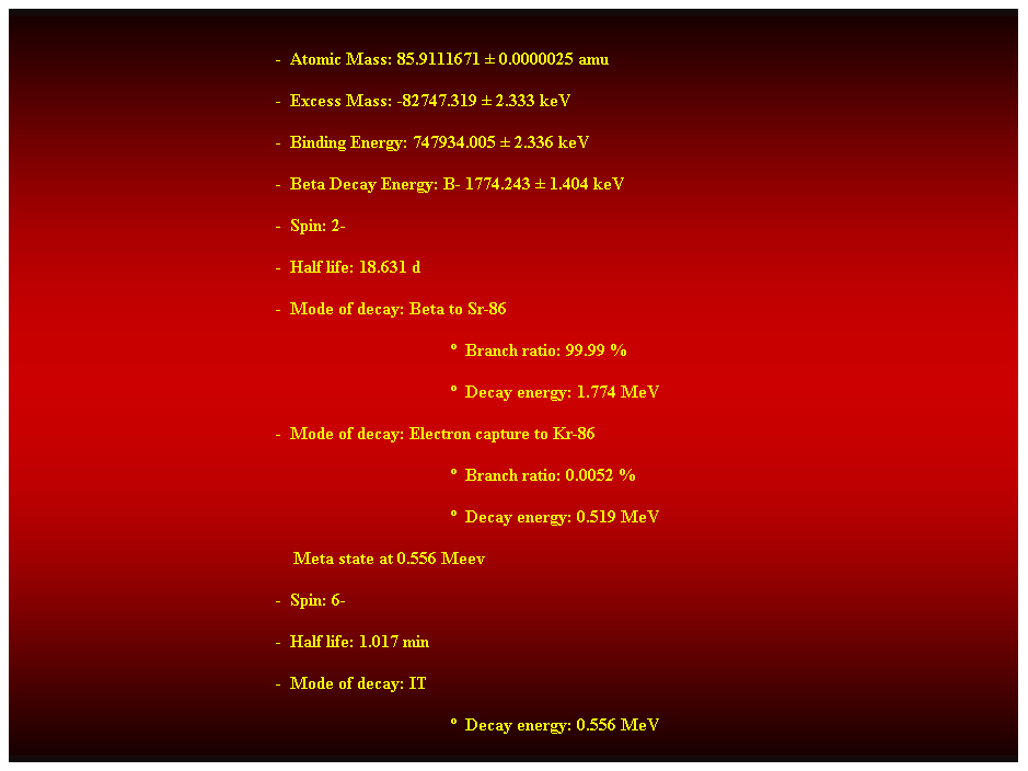 Cuadro de texto:  
-  Atomic Mass: 85.9111671  0.0000025 amu 
-  Excess Mass: -82747.319  2.333 keV 
-  Binding Energy: 747934.005  2.336 keV 
-  Beta Decay Energy: B- 1774.243  1.404 keV 
-  Spin: 2- 
-  Half life: 18.631 d 
-  Mode of decay: Beta to Sr-86 
  Branch ratio: 99.99 % 
  Decay energy: 1.774 MeV 
-  Mode of decay: Electron capture to Kr-86 
  Branch ratio: 0.0052 % 
  Decay energy: 0.519 MeV 
    Meta state at 0.556 Meev 
-  Spin: 6- 
-  Half life: 1.017 min 
-  Mode of decay: IT 
  Decay energy: 0.556 MeV 
