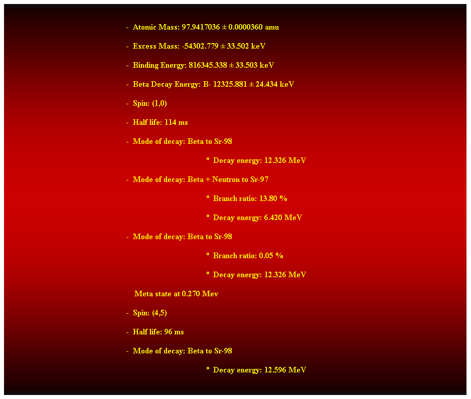 Cuadro de texto:  
-  Atomic Mass: 97.9417036  0.0000360 amu 
-  Excess Mass: -54302.779  33.502 keV 
-  Binding Energy: 816345.338  33.503 keV 
-  Beta Decay Energy: B- 12325.881  24.434 keV 
-  Spin: (1,0) 
-  Half life: 114 ms 
-  Mode of decay: Beta to Sr-98 
  Decay energy: 12.326 MeV 
-  Mode of decay: Beta + Neutron to Sr-97 
  Branch ratio: 13.80 % 
  Decay energy: 6.420 MeV 
-  Mode of decay: Beta to Sr-98 
  Branch ratio: 0.05 % 
  Decay energy: 12.326 MeV 
    Meta state at 0.270 Mev 
-  Spin: (4,5) 
-  Half life: 96 ms 
-  Mode of decay: Beta to Sr-98 
  Decay energy: 12.596 MeV 
