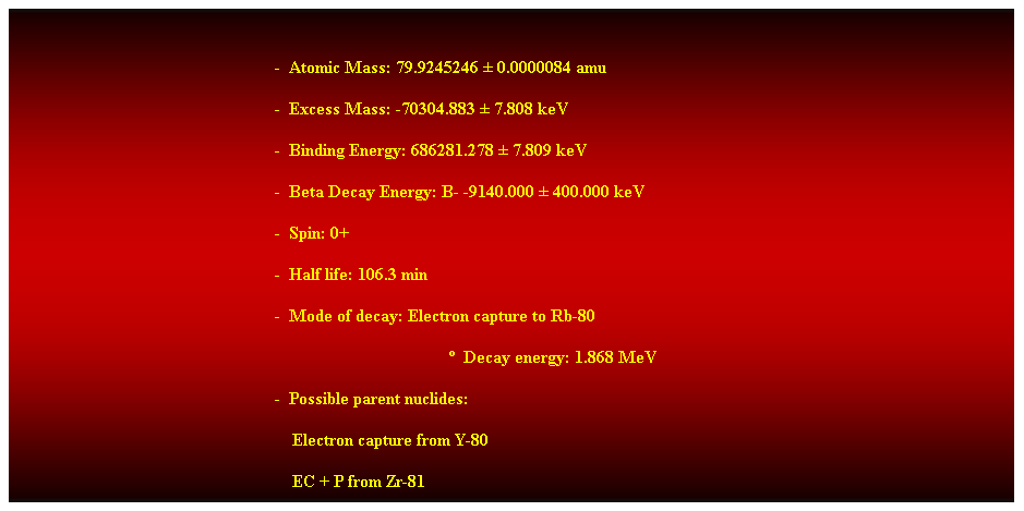 Cuadro de texto:  
-  Atomic Mass: 79.9245246  0.0000084 amu 
-  Excess Mass: -70304.883  7.808 keV 
-  Binding Energy: 686281.278  7.809 keV 
-  Beta Decay Energy: B- -9140.000  400.000 keV 
-  Spin: 0+ 
-  Half life: 106.3 min 
-  Mode of decay: Electron capture to Rb-80 
  Decay energy: 1.868 MeV 
-  Possible parent nuclides: 
    Electron capture from Y-80 
    EC + P from Zr-81 
