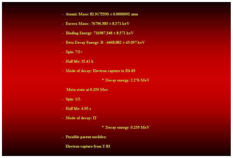 Cuadro de texto:  
-  Atomic Mass: 82.9175550  0.0000092 amu 
-  Excess Mass: -76796.985  8.571 keV 
-  Binding Energy: 716987.348  8.571 keV 
-  Beta Decay Energy: B- -4468.882  43.097 keV 
-  Spin: 7/2+ 
-  Half life: 32.41 h 
-  Mode of decay: Electron capture to Rb-83 
  Decay energy: 2.276 MeV 
    Meta state at 0.259 Mev 
-  Spin: 1/2- 
-  Half life: 4.95 s 
-  Mode of decay: IT 
  Decay energy: 0.259 MeV 
-  Possible parent nuclides: 
                                                               Electron capture from Y-83 
