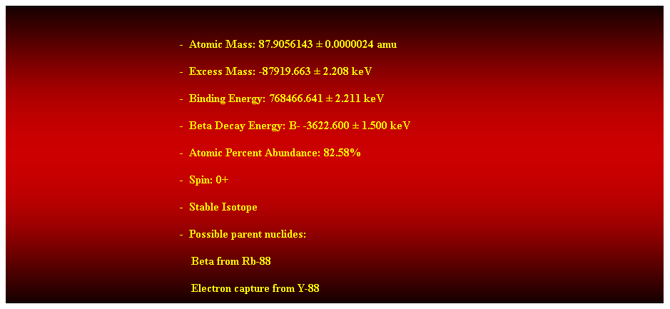 Cuadro de texto:  
-  Atomic Mass: 87.9056143  0.0000024 amu 
-  Excess Mass: -87919.663  2.208 keV 
-  Binding Energy: 768466.641  2.211 keV 
-  Beta Decay Energy: B- -3622.600  1.500 keV 
-  Atomic Percent Abundance: 82.58% 
-  Spin: 0+ 
-  Stable Isotope 
-  Possible parent nuclides: 
                                                                Beta from Rb-88 
                                                                Electron capture from Y-88 
 
