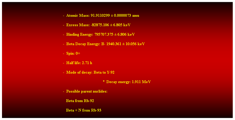 Cuadro de texto:  
-  Atomic Mass: 91.9110299  0.0000073 amu 
-  Excess Mass: -82875.106  6.805 keV 
-  Binding Energy: 795707.375  6.806 keV 
-  Beta Decay Energy: B- 1940.361  10.056 keV 
-  Spin: 0+ 
-  Half life: 2.71 h 
-  Mode of decay: Beta to Y-92 
  Decay energy: 1.911 MeV 
-  Possible parent nuclides: 
                                                               Beta from Rb-92 
                                                               Beta + N from Rb-93 
 
