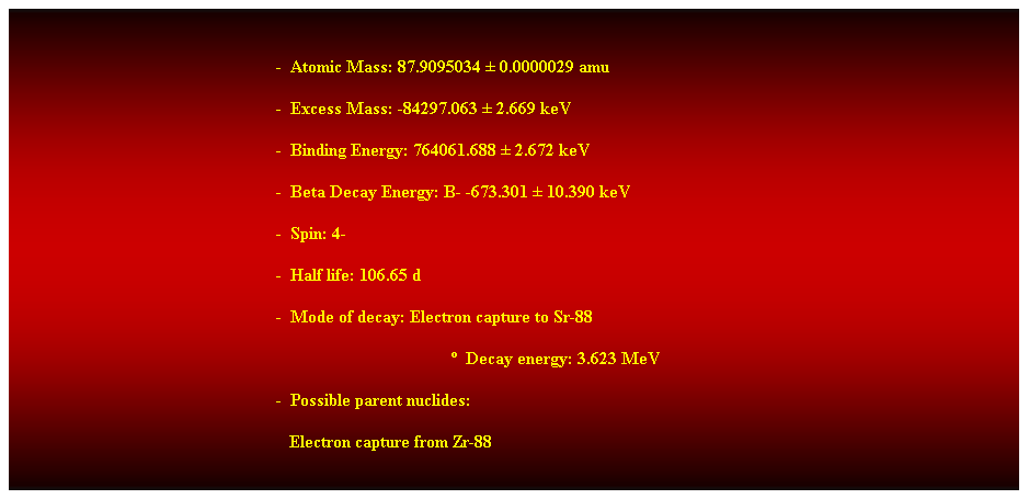 Cuadro de texto:  
-  Atomic Mass: 87.9095034  0.0000029 amu 
-  Excess Mass: -84297.063  2.669 keV 
-  Binding Energy: 764061.688  2.672 keV 
-  Beta Decay Energy: B- -673.301  10.390 keV 
-  Spin: 4- 
-  Half life: 106.65 d 
-  Mode of decay: Electron capture to Sr-88 
  Decay energy: 3.623 MeV 
-  Possible parent nuclides: 
                                                               Electron capture from Zr-88 
 
