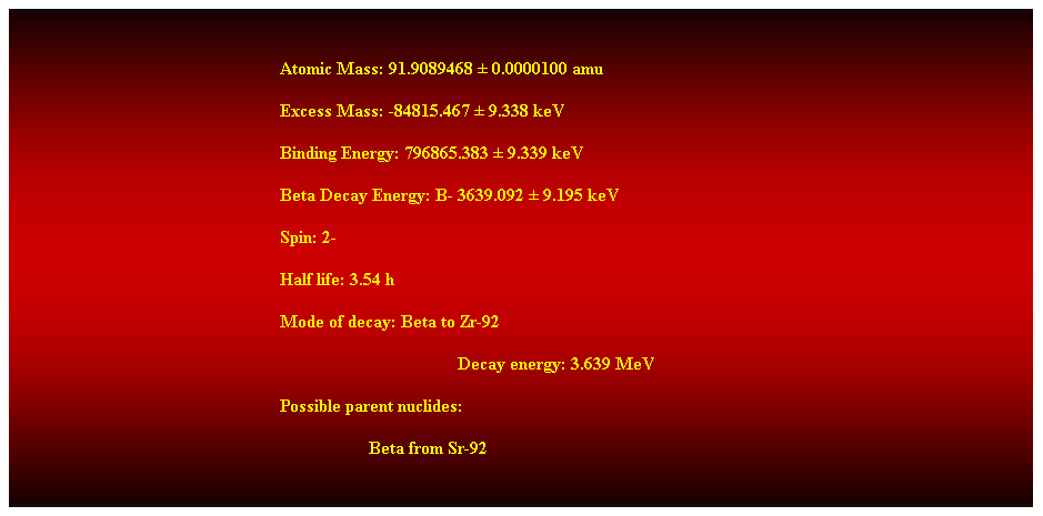 Cuadro de texto:  
Atomic Mass: 91.9089468  0.0000100 amu 
Excess Mass: -84815.467  9.338 keV 
Binding Energy: 796865.383  9.339 keV 
Beta Decay Energy: B- 3639.092  9.195 keV 
Spin: 2- 
Half life: 3.54 h 
Mode of decay: Beta to Zr-92 
Decay energy: 3.639 MeV 
Possible parent nuclides: 
Beta from Sr-92 
 
