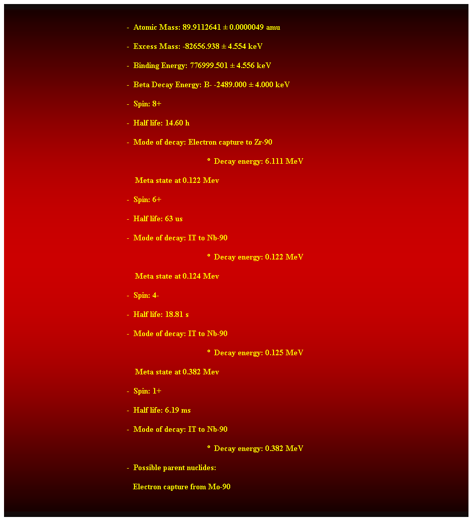 Cuadro de texto:  
-  Atomic Mass: 89.9112641  0.0000049 amu 
-  Excess Mass: -82656.938  4.554 keV 
-  Binding Energy: 776999.501  4.556 keV 
-  Beta Decay Energy: B- -2489.000  4.000 keV 
-  Spin: 8+ 
-  Half life: 14.60 h 
-  Mode of decay: Electron capture to Zr-90 
  Decay energy: 6.111 MeV 
    Meta state at 0.122 Mev 
-  Spin: 6+ 
-  Half life: 63 us 
-  Mode of decay: IT to Nb-90 
  Decay energy: 0.122 MeV 
    Meta state at 0.124 Mev 
-  Spin: 4- 
-  Half life: 18.81 s 
-  Mode of decay: IT to Nb-90 
  Decay energy: 0.125 MeV 
    Meta state at 0.382 Mev 
-  Spin: 1+ 
-  Half life: 6.19 ms 
-  Mode of decay: IT to Nb-90 
  Decay energy: 0.382 MeV 
-  Possible parent nuclides: 
                                                               Electron capture from Mo-90 
