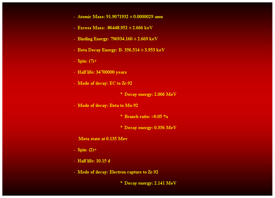 Cuadro de texto:  
-  Atomic Mass: 91.9071932  0.0000029 amu 
-  Excess Mass: -86448.952  2.666 keV 
-  Binding Energy: 796934.160  2.669 keV 
-  Beta Decay Energy: B- 356.514  3.953 keV 
-  Spin: (7)+ 
-  Half life: 34700000 years 
-  Mode of decay: EC to Zr-92 
  Decay energy: 2.006 MeV 
-  Mode of decay: Beta to Mo-92 
  Branch ratio: <0.05 % 
  Decay energy: 0.356 MeV 
    Meta state at 0.135 Mev 
-  Spin: (2)+ 
-  Half life: 10.15 d 
-  Mode of decay: Electron capture to Zr-92 
  Decay energy: 2.141 MeV 
