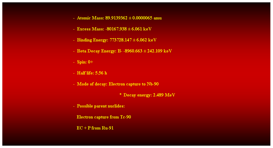 Cuadro de texto:  
-  Atomic Mass: 89.9139362  0.0000065 amu 
-  Excess Mass: -80167.938  6.061 keV 
-  Binding Energy: 773728.147  6.062 keV 
-  Beta Decay Energy: B- -8960.663  242.109 keV 
-  Spin: 0+ 
-  Half life: 5.56 h 
-  Mode of decay: Electron capture to Nb-90 
  Decay energy: 2.489 MeV 
-  Possible parent nuclides: 
                                                               Electron capture from Tc-90 
                                                               EC + P from Ru-91 
