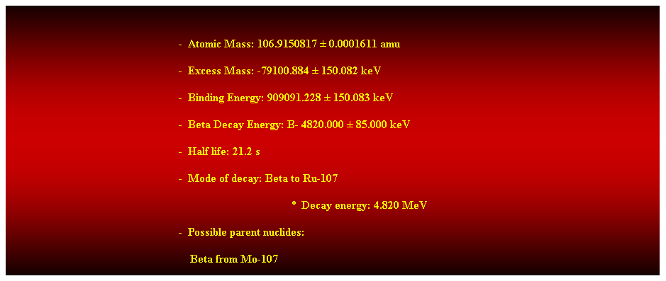 Cuadro de texto:  
-  Atomic Mass: 106.9150817  0.0001611 amu 
-  Excess Mass: -79100.884  150.082 keV 
-  Binding Energy: 909091.228  150.083 keV 
-  Beta Decay Energy: B- 4820.000  85.000 keV 
-  Half life: 21.2 s 
-  Mode of decay: Beta to Ru-107 
  Decay energy: 4.820 MeV 
-  Possible parent nuclides: 
                                                                Beta from Mo-107 
