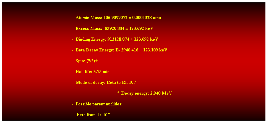 Cuadro de texto:  
-  Atomic Mass: 106.9099072  0.0001328 amu 
-  Excess Mass: -83920.884  123.692 keV 
-  Binding Energy: 913128.874  123.692 keV 
-  Beta Decay Energy: B- 2940.416  123.109 keV 
-  Spin: (5/2)+ 
-  Half life: 3.75 min 
-  Mode of decay: Beta to Rh-107 
  Decay energy: 2.940 MeV 
-  Possible parent nuclides: 
                                                                Beta from Tc-107 
 
