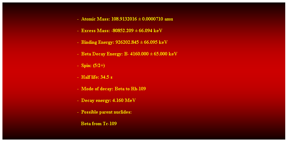 Cuadro de texto:  
-  Atomic Mass: 108.9132016  0.0000710 amu 
-  Excess Mass: -80852.209  66.094 keV 
-  Binding Energy: 926202.845  66.095 keV 
-  Beta Decay Energy: B- 4160.000  65.000 keV 
-  Spin: (5/2+) 
-  Half life: 34.5 s 
-  Mode of decay: Beta to Rh-109 
-  Decay energy: 4.160 MeV 
-  Possible parent nuclides: 
                                                               Beta from Tc-109 
