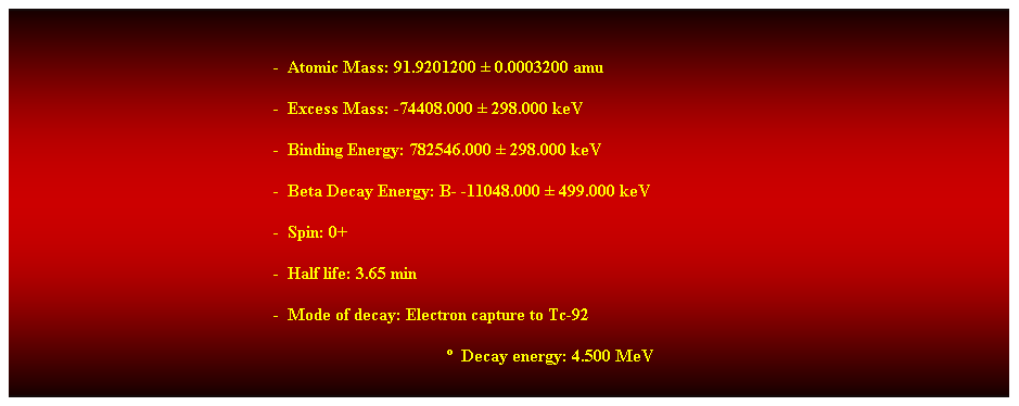 Cuadro de texto:  
-  Atomic Mass: 91.9201200  0.0003200 amu 
-  Excess Mass: -74408.000  298.000 keV 
-  Binding Energy: 782546.000  298.000 keV 
-  Beta Decay Energy: B- -11048.000  499.000 keV 
-  Spin: 0+ 
-  Half life: 3.65 min 
-  Mode of decay: Electron capture to Tc-92 
  Decay energy: 4.500 MeV 
