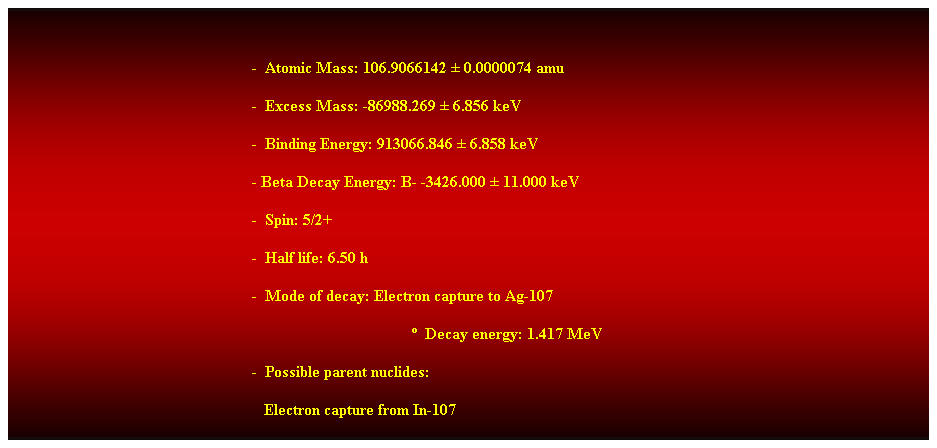 Cuadro de texto:  
-  Atomic Mass: 106.9066142  0.0000074 amu 
-  Excess Mass: -86988.269  6.856 keV 
-  Binding Energy: 913066.846  6.858 keV 
- Beta Decay Energy: B- -3426.000  11.000 keV 
-  Spin: 5/2+ 
-  Half life: 6.50 h 
-  Mode of decay: Electron capture to Ag-107 
  Decay energy: 1.417 MeV 
-  Possible parent nuclides: 
                                                               Electron capture from In-107 
