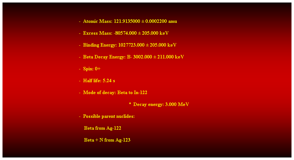 Cuadro de texto:  
-  Atomic Mass: 121.9135000  0.0002200 amu 
-  Excess Mass: -80574.000  205.000 keV 
-  Binding Energy: 1027723.000  205.000 keV 
-  Beta Decay Energy: B- 3002.000  211.000 keV 
-  Spin: 0+ 
-  Half life: 5.24 s 
-  Mode of decay: Beta to In-122 
  Decay energy: 3.000 MeV 
-  Possible parent nuclides: 
    Beta from Ag-122 
    Beta + N from Ag-123 
 
