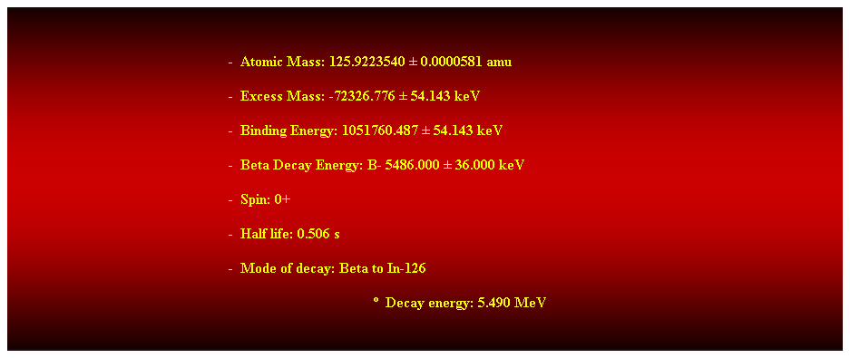 Cuadro de texto:  
-  Atomic Mass: 125.9223540  0.0000581 amu 
-  Excess Mass: -72326.776  54.143 keV 
-  Binding Energy: 1051760.487  54.143 keV 
-  Beta Decay Energy: B- 5486.000  36.000 keV 
-  Spin: 0+ 
-  Half life: 0.506 s 
-  Mode of decay: Beta to In-126 
  Decay energy: 5.490 MeV 
