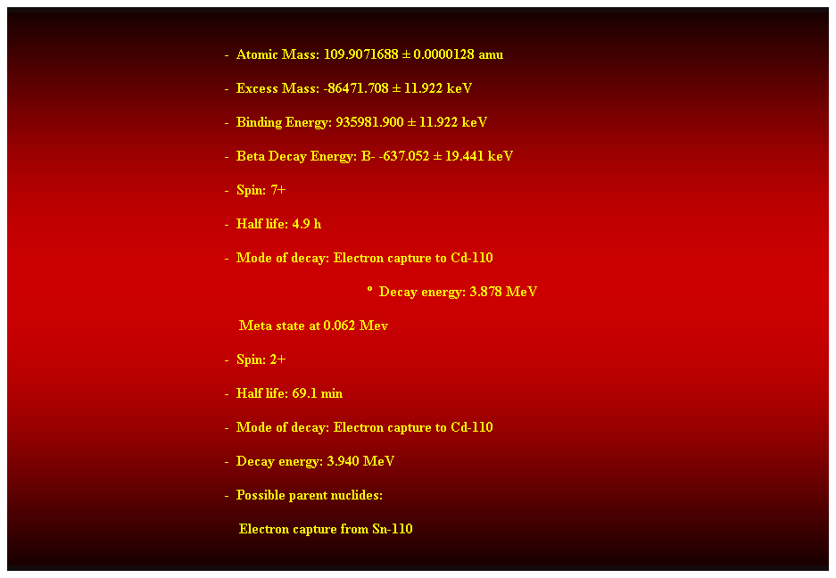 Cuadro de texto:  
-  Atomic Mass: 109.9071688  0.0000128 amu 
-  Excess Mass: -86471.708  11.922 keV 
-  Binding Energy: 935981.900  11.922 keV 
-  Beta Decay Energy: B- -637.052  19.441 keV 
-  Spin: 7+ 
-  Half life: 4.9 h 
-  Mode of decay: Electron capture to Cd-110 
  Decay energy: 3.878 MeV 
    Meta state at 0.062 Mev 
-  Spin: 2+ 
-  Half life: 69.1 min 
-  Mode of decay: Electron capture to Cd-110 
-  Decay energy: 3.940 MeV 
-  Possible parent nuclides: 
    Electron capture from Sn-110 
