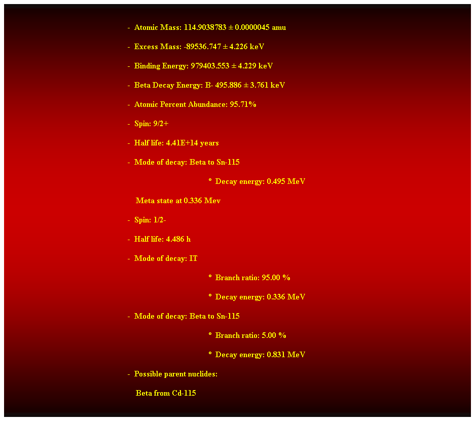 Cuadro de texto:  
-  Atomic Mass: 114.9038783  0.0000045 amu 
-  Excess Mass: -89536.747  4.226 keV 
-  Binding Energy: 979403.553  4.229 keV 
-  Beta Decay Energy: B- 495.886  3.761 keV 
-  Atomic Percent Abundance: 95.71% 
-  Spin: 9/2+ 
-  Half life: 4.41E+14 years 
-  Mode of decay: Beta to Sn-115 
  Decay energy: 0.495 MeV 
    Meta state at 0.336 Mev 
-  Spin: 1/2- 
-  Half life: 4.486 h 
-  Mode of decay: IT 
  Branch ratio: 95.00 % 
  Decay energy: 0.336 MeV 
-  Mode of decay: Beta to Sn-115 
  Branch ratio: 5.00 % 
  Decay energy: 0.831 MeV 
-  Possible parent nuclides: 
                                                                Beta from Cd-115 
