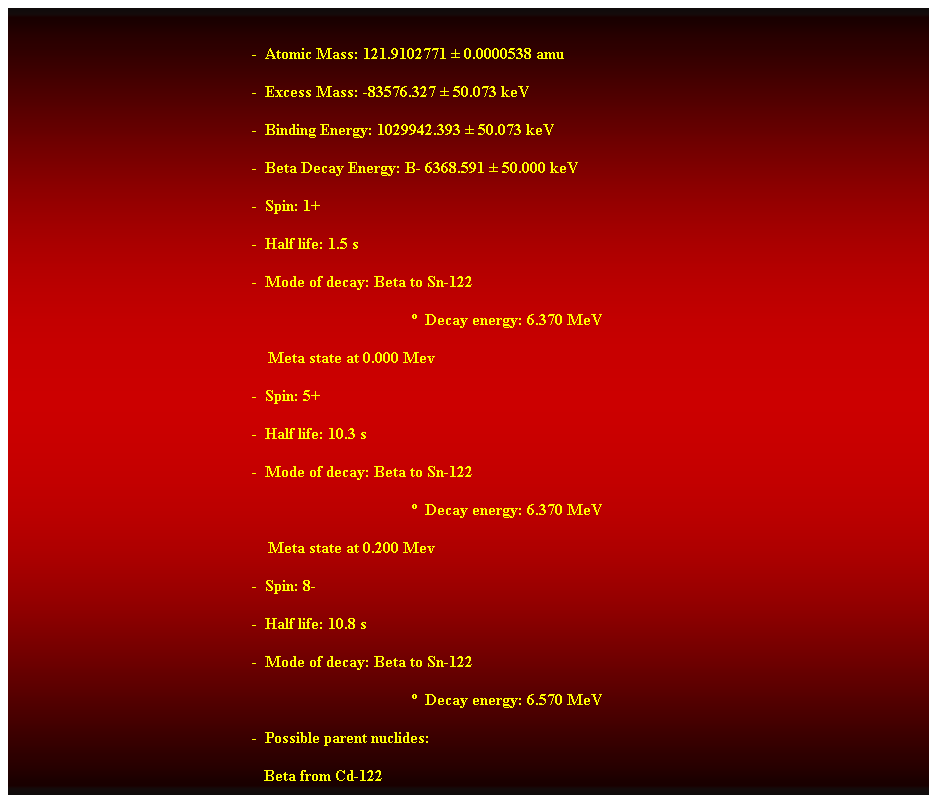 Cuadro de texto:  
-  Atomic Mass: 121.9102771  0.0000538 amu 
-  Excess Mass: -83576.327  50.073 keV 
-  Binding Energy: 1029942.393  50.073 keV 
-  Beta Decay Energy: B- 6368.591  50.000 keV 
-  Spin: 1+ 
-  Half life: 1.5 s 
-  Mode of decay: Beta to Sn-122 
  Decay energy: 6.370 MeV 
    Meta state at 0.000 Mev 
-  Spin: 5+ 
-  Half life: 10.3 s 
-  Mode of decay: Beta to Sn-122 
  Decay energy: 6.370 MeV 
    Meta state at 0.200 Mev 
-  Spin: 8- 
-  Half life: 10.8 s 
-  Mode of decay: Beta to Sn-122 
  Decay energy: 6.570 MeV 
-  Possible parent nuclides: 
   Beta from Cd-122 
