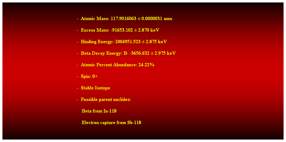 Cuadro de texto:  
-  Atomic Mass: 117.9016063  0.0000031 amu 
-  Excess Mass: -91653.102  2.870 keV 
-  Binding Energy: 1004951.523  2.875 keV 
-  Beta Decay Energy: B- -3656.632  2.975 keV 
-  Atomic Percent Abundance: 24.22% 
-  Spin: 0+ 
-  Stable Isotope 
-  Possible parent nuclides: 
                                                                Beta from In-118 
                                                                Electron capture from Sb-118 
