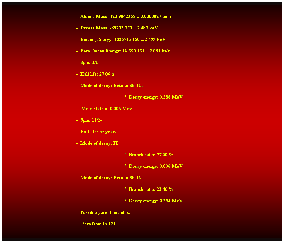 Cuadro de texto:  
-  Atomic Mass: 120.9042369  0.0000027 amu 
-  Excess Mass: -89202.770  2.487 keV 
-  Binding Energy: 1026715.160  2.493 keV 
-  Beta Decay Energy: B- 390.131  2.081 keV 
-  Spin: 3/2+ 
-  Half life: 27.06 h 
-  Mode of decay: Beta to Sb-121 
  Decay energy: 0.388 MeV 
    Meta state at 0.006 Mev 
-  Spin: 11/2- 
-  Half life: 55 years 
-  Mode of decay: IT 
  Branch ratio: 77.60 % 
  Decay energy: 0.006 MeV 
-  Mode of decay: Beta to Sb-121 
  Branch ratio: 22.40 % 
  Decay energy: 0.394 MeV 
-  Possible parent nuclides: 
    Beta from In-121 
