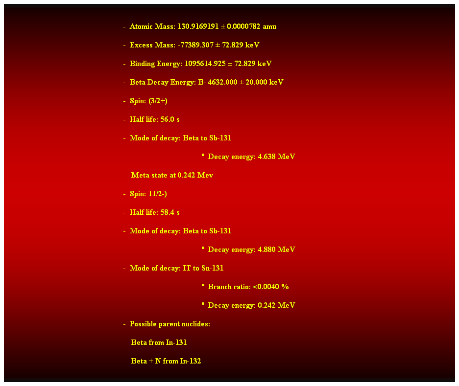 Cuadro de texto:  
-  Atomic Mass: 130.9169191  0.0000782 amu 
-  Excess Mass: -77389.307  72.829 keV 
-  Binding Energy: 1095614.925  72.829 keV 
-  Beta Decay Energy: B- 4632.000  20.000 keV 
-  Spin: (3/2+) 
-  Half life: 56.0 s 
-  Mode of decay: Beta to Sb-131 
  Decay energy: 4.638 MeV 
    Meta state at 0.242 Mev 
-  Spin: 11/2-) 
-  Half life: 58.4 s 
-  Mode of decay: Beta to Sb-131 
  Decay energy: 4.880 MeV 
-  Mode of decay: IT to Sn-131 
  Branch ratio: <0.0040 % 
  Decay energy: 0.242 MeV 
-  Possible parent nuclides: 
                                                                Beta from In-131 
                                                                Beta + N from In-132 
