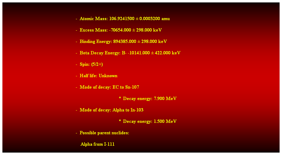 Cuadro de texto:  
-  Atomic Mass: 106.9241500  0.0003200 amu 
-  Excess Mass: -70654.000  298.000 keV 
-  Binding Energy: 894385.000  298.000 keV 
-  Beta Decay Energy: B- -10141.000  422.000 keV 
-  Spin: (5/2+) 
-  Half life: Unknown 
-  Mode of decay: EC to Sn-107 
                                      Decay energy: 7.900 MeV 
-  Mode of decay: Alpha to In-103 
                                                                                                  Decay energy: 1.500 MeV 
-  Possible parent nuclides: 
    Alpha from I-111 
