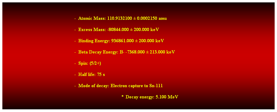 Cuadro de texto:  
-  Atomic Mass: 110.9132100  0.0002150 amu 
-  Excess Mass: -80844.000  200.000 keV 
-  Binding Energy: 936861.000  200.000 keV 
-  Beta Decay Energy: B- -7368.000  213.000 keV 
-  Spin: (5/2+) 
-  Half life: 75 s 
-  Mode of decay: Electron capture to Sn-111 
  Decay energy: 5.100 MeV 
