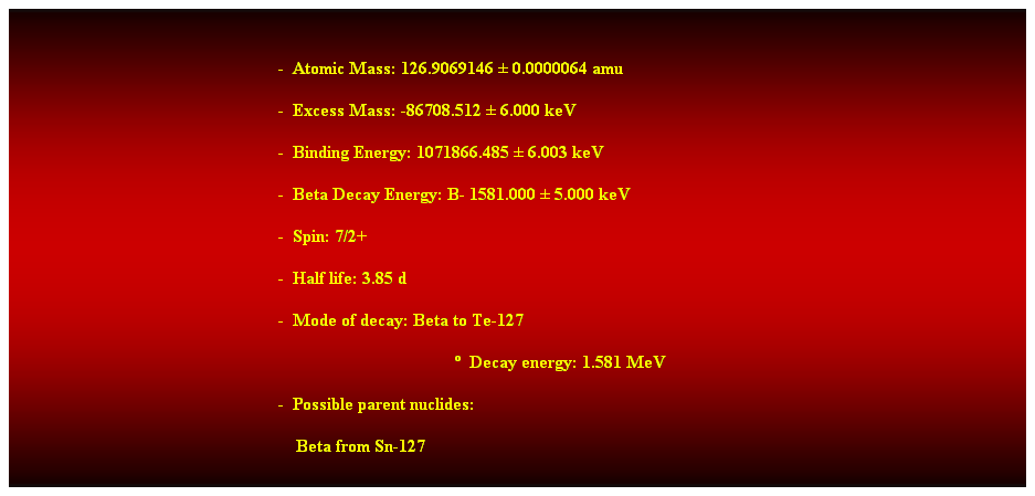 Cuadro de texto:  
-  Atomic Mass: 126.9069146  0.0000064 amu 
-  Excess Mass: -86708.512  6.000 keV 
-  Binding Energy: 1071866.485  6.003 keV 
-  Beta Decay Energy: B- 1581.000  5.000 keV 
-  Spin: 7/2+ 
-  Half life: 3.85 d 
-  Mode of decay: Beta to Te-127 
  Decay energy: 1.581 MeV 
-  Possible parent nuclides: 
    Beta from Sn-127 
