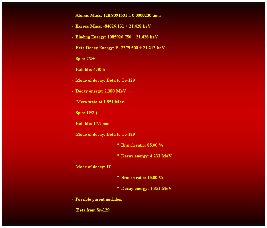 Cuadro de texto:  
-  Atomic Mass: 128.9091501  0.0000230 amu 
-  Excess Mass: -84626.131  21.428 keV 
-  Binding Energy: 1085926.750  21.428 keV 
-  Beta Decay Energy: B- 2379.500  21.213 keV 
-  Spin: 7/2+ 
-  Half life: 4.40 h 
-  Mode of decay: Beta to Te-129 
-  Decay energy: 2.380 MeV 
    Meta state at 1.851 Mev 
-  Spin: 19/2-) 
-  Half life: 17.7 min 
-  Mode of decay: Beta to Te-129 
  Branch ratio: 85.00 % 
  Decay energy: 4.231 MeV 
-  Mode of decay: IT 
  Branch ratio: 15.00 % 
  Decay energy: 1.851 MeV 
-  Possible parent nuclides: 
                                                                Beta from Sn-129 
