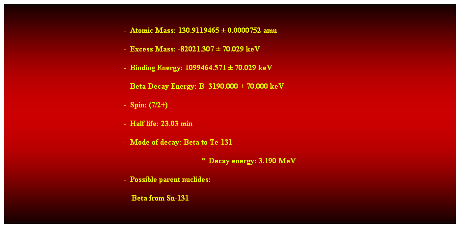 Cuadro de texto:  
-  Atomic Mass: 130.9119465  0.0000752 amu 
-  Excess Mass: -82021.307  70.029 keV 
-  Binding Energy: 1099464.571  70.029 keV 
-  Beta Decay Energy: B- 3190.000  70.000 keV 
-  Spin: (7/2+) 
-  Half life: 23.03 min 
-  Mode of decay: Beta to Te-131 
  Decay energy: 3.190 MeV 
-  Possible parent nuclides: 
    Beta from Sn-131 
