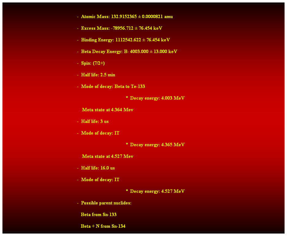 Cuadro de texto:  
-  Atomic Mass: 132.9152365  0.0000821 amu 
-  Excess Mass: -78956.712  76.454 keV 
-  Binding Energy: 1112542.622  76.454 keV 
-  Beta Decay Energy: B- 4003.000  13.000 keV 
-  Spin: (7/2+) 
-  Half life: 2.5 min 
-  Mode of decay: Beta to Te-133 
  Decay energy: 4.003 MeV 
    Meta state at 4.364 Mev 
-  Half life: 3 us 
-  Mode of decay: IT 
  Decay energy: 4.365 MeV 
    Meta state at 4.527 Mev 
-  Half life: 16.0 us 
-  Mode of decay: IT 
  Decay energy: 4.527 MeV 
-  Possible parent nuclides:
                                                               Beta from Sn-133 
                                                               Beta + N from Sn-134 
