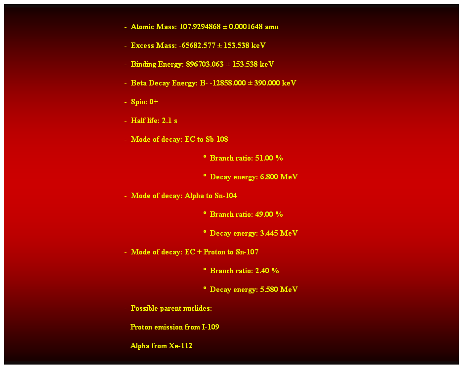 Cuadro de texto:  
-  Atomic Mass: 107.9294868  0.0001648 amu 
-  Excess Mass: -65682.577  153.538 keV 
-  Binding Energy: 896703.063  153.538 keV 
-  Beta Decay Energy: B- -12858.000  390.000 keV 
-  Spin: 0+ 
-  Half life: 2.1 s 
-  Mode of decay: EC to Sb-108 
  Branch ratio: 51.00 % 
  Decay energy: 6.800 MeV 
-  Mode of decay: Alpha to Sn-104 
  Branch ratio: 49.00 % 
  Decay energy: 3.445 MeV 
-  Mode of decay: EC + Proton to Sn-107 
  Branch ratio: 2.40 % 
  Decay energy: 5.580 MeV 
-  Possible parent nuclides: 
                                                               Proton emission from I-109 
                                                               Alpha from Xe-112 
